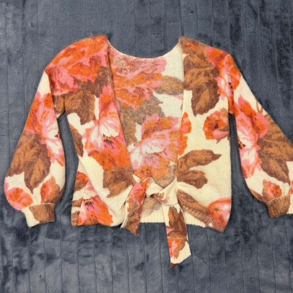 Sézane Floral Tie-Front Cardigan Women Small Cream Orange Mohair Wool Knit 8915 - Picture 2 of 8